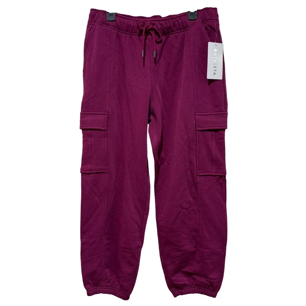 NWT Athleta Heavyweight Terry Cargo Jogger Pants L Magenta Wildberry Cargo Casua